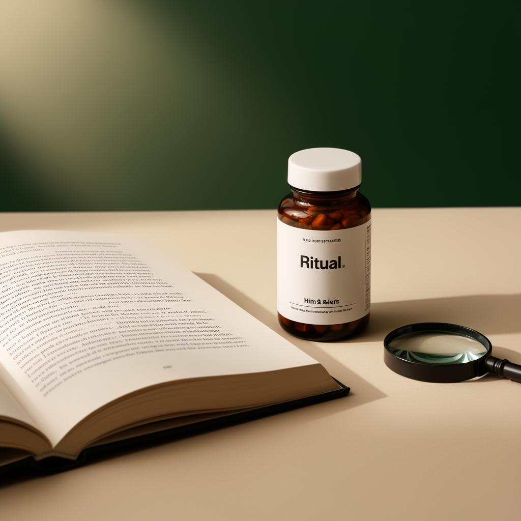 Open book with a supplement bottle and magnifying glass