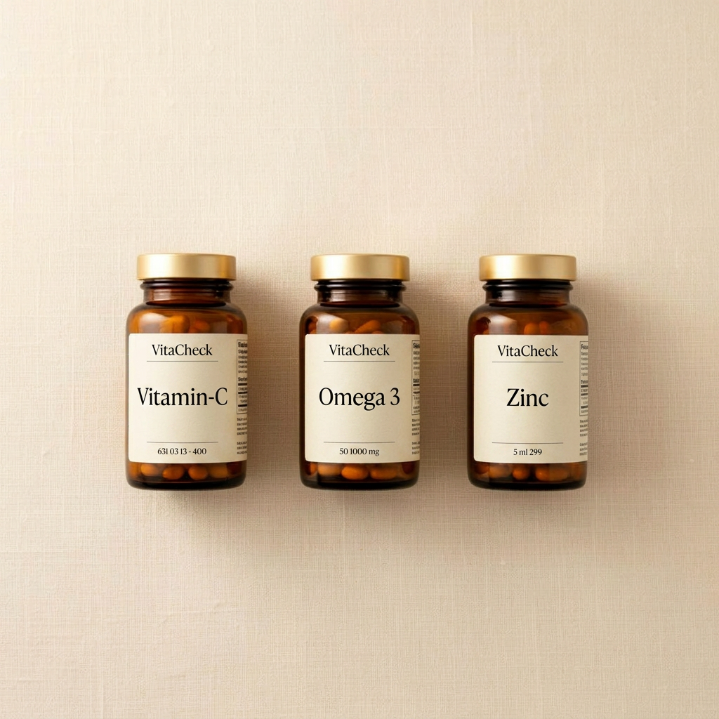 Three neatly arranged supplement bottles